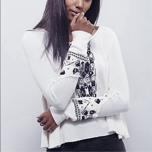Free People Shirt Womens Medium Waffle Knit Thermal Embroidered Long Sleeve Boho